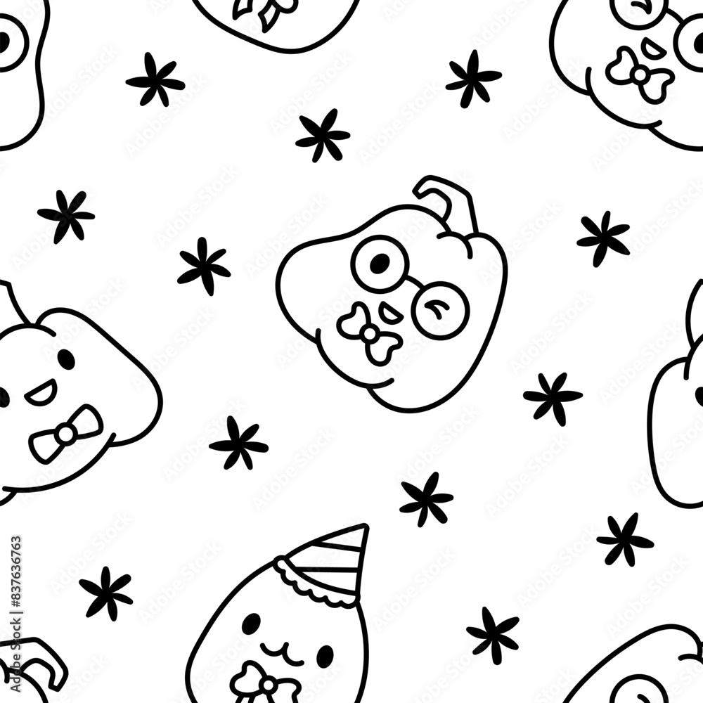 Cute kawaii Halloween pumpkin. Seamless pattern. Coloring Page. Holidays cartoon character. Monsters faces. Hand drawn style. Vector drawing. Design ornaments. Cute kawaii Halloween pumpkin. Seamless pattern. Coloring Page. Holidays cartoon character. Monsters faces. Hand drawn style. Vector drawing. Design ornaments.