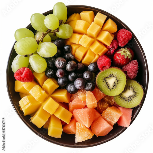 Round bowl with various cut fruits  mango  kiwi  orange  strawberry  grape  raspberry  white background 