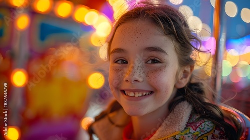 Delightful Carnival Escapades A Young Girl s Radiant Smile Amid the Vibrant Lights and Thrills © Thares2020