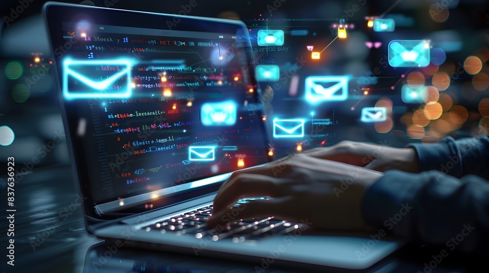 Hands Typing on Laptop with Futuristic Holographic Communication and Data Analytics Icons Hands Typing on Laptop with Futuristic Holographic Communication and Data Analytics Icons