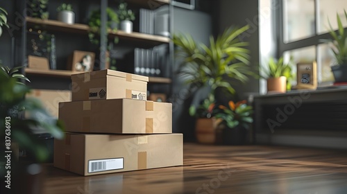 Stacked delivery packages with online store branding ready for shipping in a minimalist home office setting depicting the concept of e commerce and