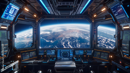 A space shuttle cockpit with a view of the Earth