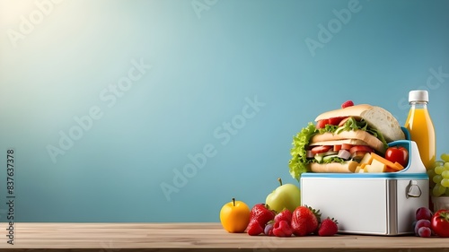 The ideas for a broad banner with copyspace area can be used for a healthy school lunch box that includes sandwiches, fruits, and vegetables, or a plastic lunchbox for kids to consume organic food or 