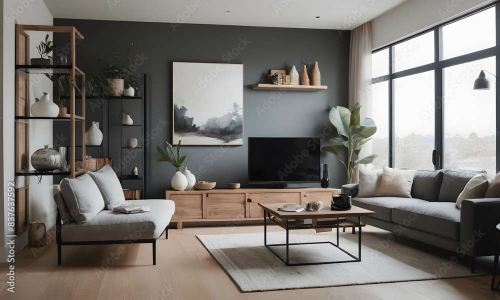 Spacious modern living room featuring stylish furniture, decorative plants, a large window, and an abstract painting on the wall