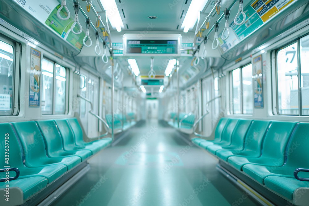 Photo of inside a white and teal subway train in Japan. The clean interior has comfortable seats and natural light from the windows. The modern design is shown with a closeup shot and blurred backgrou Photo of inside a white and teal subway train in Japan. The clean interior has comfortable seats and natural light from the windows. The modern design is shown with a closeup shot and blurred backgrou