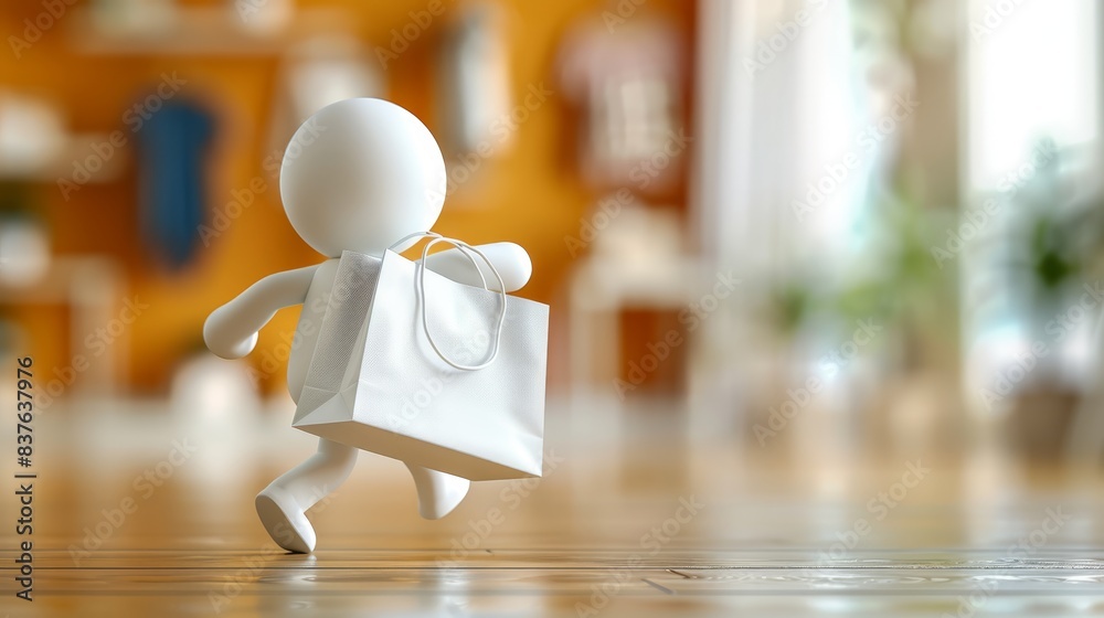  A small white figurine, holding a white sack, stands before a room The wooden floor extends beneath it The room's walls are painted yellow, and a vibrant green