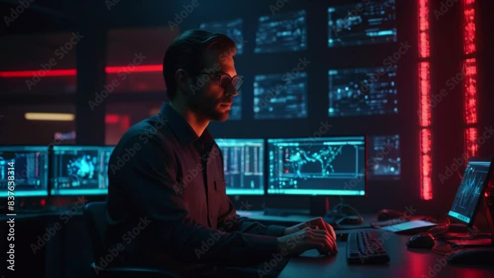 A man in glasses is sitting at a computer desk in a dark room. There are multiple computer monitors on the desk and a large screen on the wall behind him. A man in glasses is sitting at a computer desk in a dark room. There are multiple computer monitors on the desk and a large screen on the wall behind him.