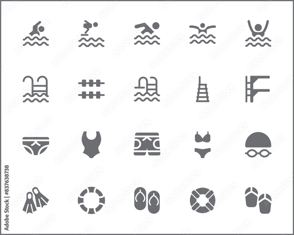 Set of swimming and pool Icons line style. Contains such Icons as diving, summer, beach activity, swimsuit, bikini, trunks, swimming cap, glasses, flippers, swim And Other Elements. Set of swimming and pool Icons line style. Contains such Icons as diving, summer, beach activity, swimsuit, bikini, trunks, swimming cap, glasses, flippers, swim And Other Elements.