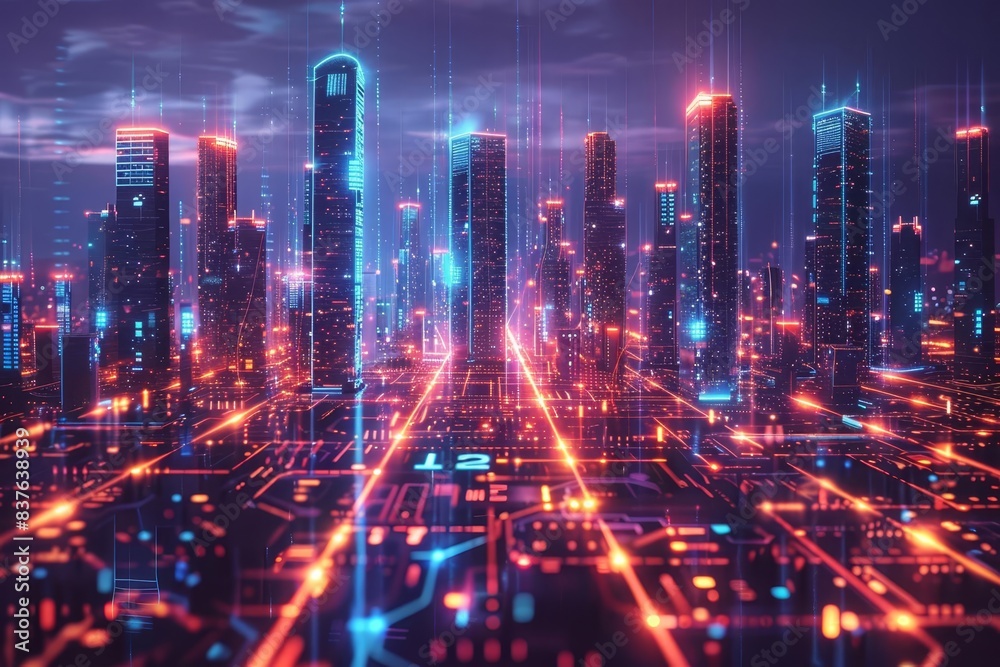 IoT in smart cities, digital connectivity, holographic interface, futuristic urban landscape, high detail, neon lights, realistic illustration, modern technology