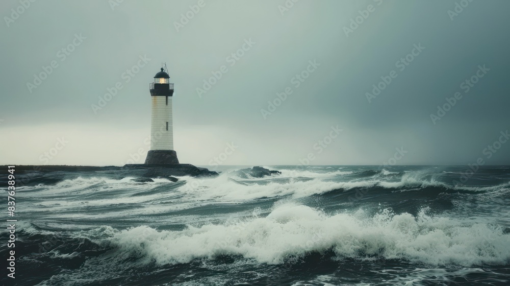The Lighthouse of Guidance: Photograph a solitary lighthouse standing tall against the backdrop of a stormy sea, serving as a beacon of hope and guidance for travelers navigating.