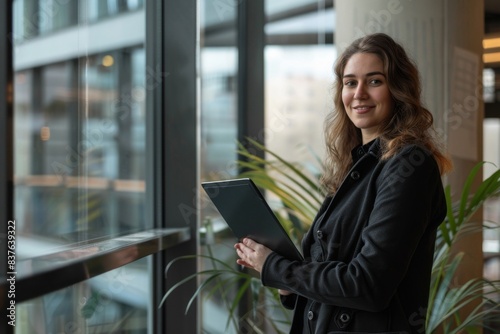 Confident smiling business woman in jacket holding digital tablet in modern office near glass wall. Professional corporate executive leaning against window, looking at camera with a computer