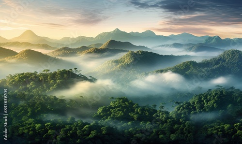 Aerial View of Lush Jungle Canopy at Sunrise with Misty Mountains  Golden Hour Soft Lighting and Green Hues of Nature