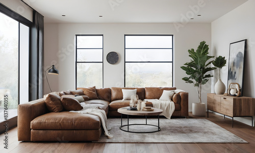 Sophisticated living room design with a luxurious leather sofa  natural light  and tranquil views from expansive windows