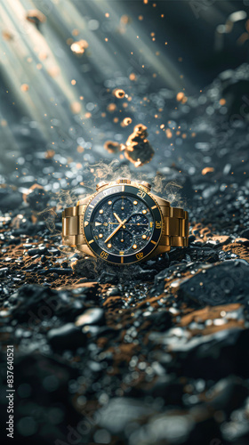 A gold watch is on a rocky surface
