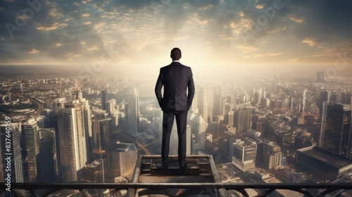 photograph of a confident male engineer standing on top of a completed skyscraper, looking out over the city skyline © Varunee