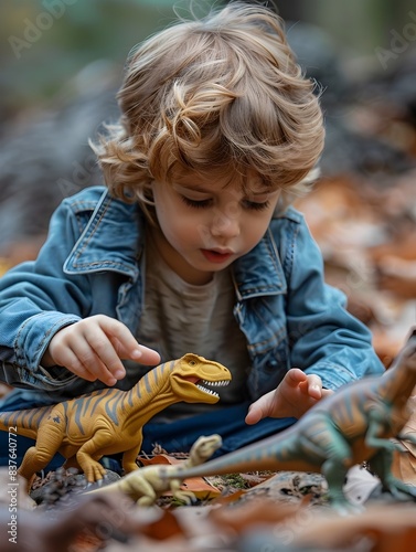 Curious Child Exploring Prehistoric World with Toy Dinosaurs in Autumn Leaves