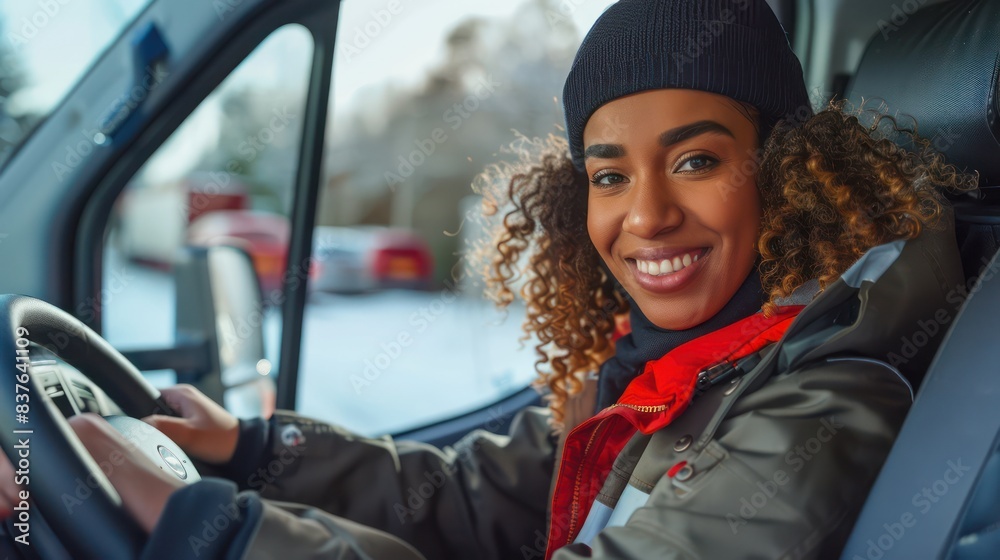 A candid photo of a confident young delivery expert in the driver's seat of a van, with a smile on her face as she gets ready to begin transport. A candid photo of a confident young delivery expert in the driver's seat of a van, with a smile on her face as she gets ready to begin transport.