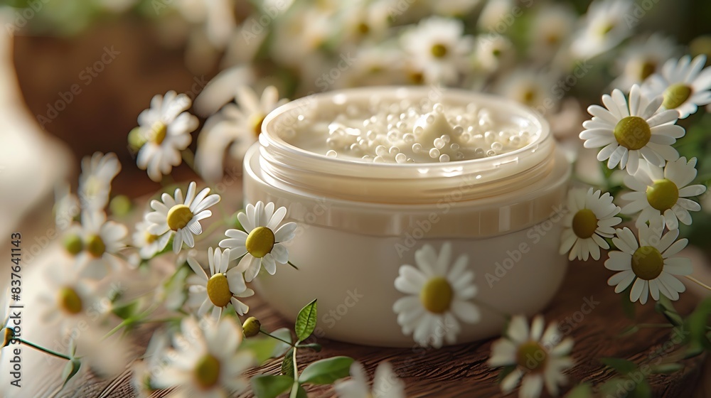  Close-up of a shea butter face cream jar, with delicate flowers around it.