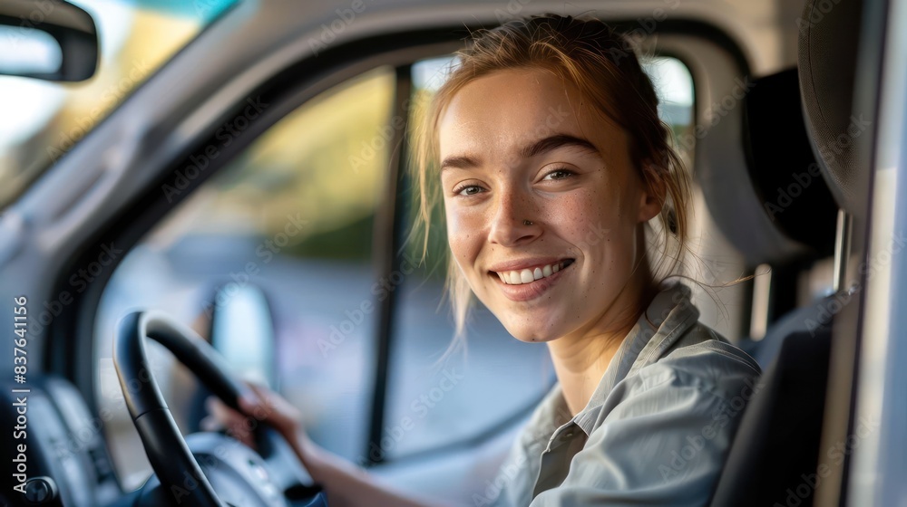 A candid photo of a young delivery driver in the driver's seat of a van, with a smile on her face as she prepares to begin transport. A candid photo of a young delivery driver in the driver's seat of a van, with a smile on her face as she prepares to begin transport.