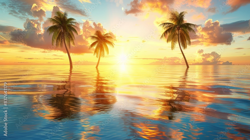  A sunset scene featuring two palm trees in the foreground, sun reflecting on mid-picture water, and few clouds up front
