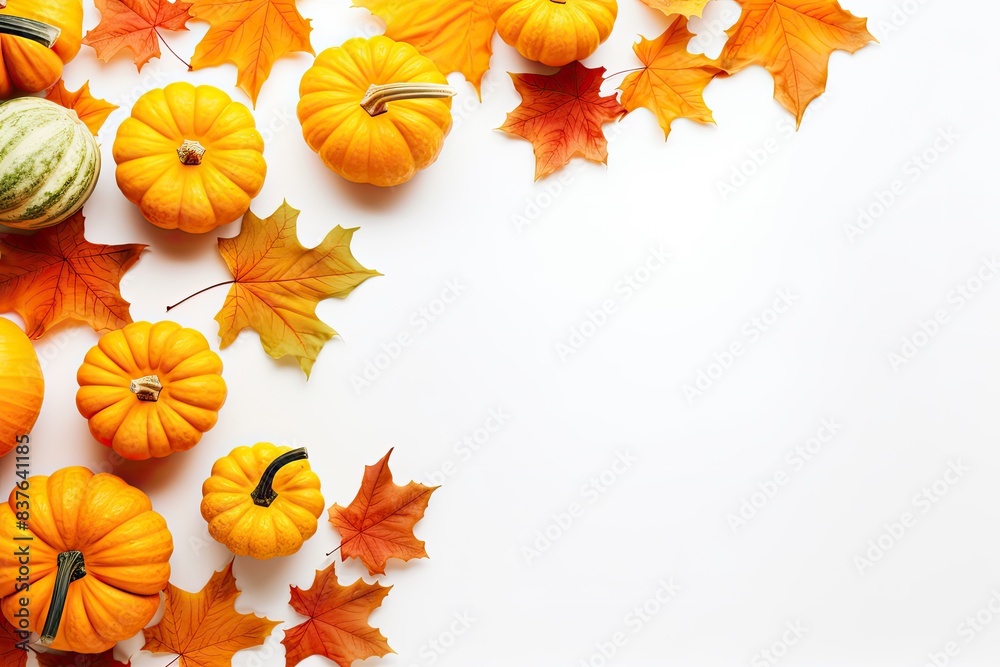 Fototapeta premium Autumn Pumpkin And Leaf Decoration On White Background