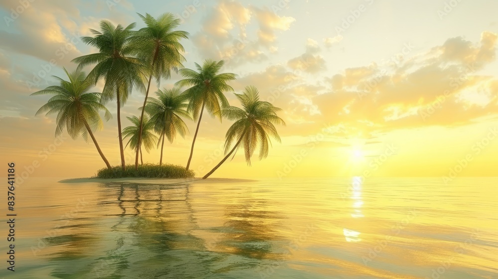 A small island surrounded by a vast body of water, bearing three palm trees in its heart Sunset distances the day, embellished by a few clouds in the sky A small island surrounded by a vast body of water, bearing three palm trees in its heart Sunset distances the day, embellished by a few clouds in the sky