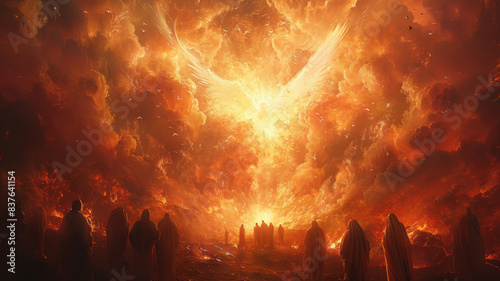 Pentecost. The descent of the Holy Spirit on the followers. People in front of a bright fire with white dove. Digital painting.generative ai