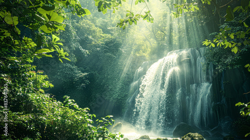 Enchanting Waterfall in Verdant Forest with Copy Space for Text Serene and Majestic Nature Scene