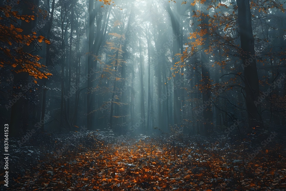 Fototapeta premium Foggy Autumn Forest Landscape with Vibrant Leaves and Serene Atmosphere