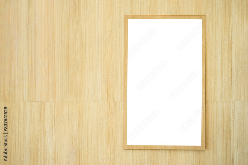Mockup empty billboard or Blank digital media white screen on modern wooden wall. Copy space for advertisement design in office interior or education building. Mockup empty billboard or Blank digital media white screen on modern wooden wall. Copy space for advertisement design in office interior or education building.