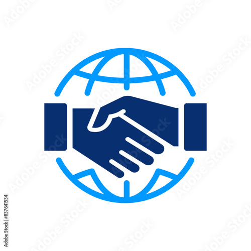 Global partnership icon featuring a handshake integrated with a world map.