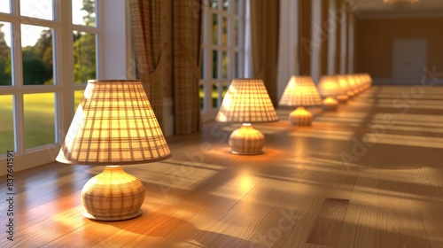  A row of lamps sits atop a hardwood floor  adjacent to a window The window frames a view of a grassy field outside  facing the room