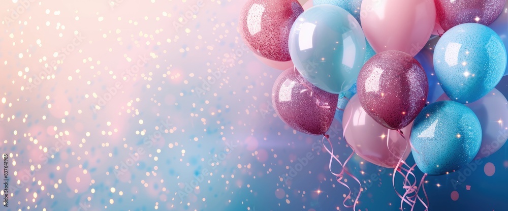 Pink and Blue Balloons Floating Against a Sparkling Birthday Background Pink and Blue Balloons Floating Against a Sparkling Birthday Background