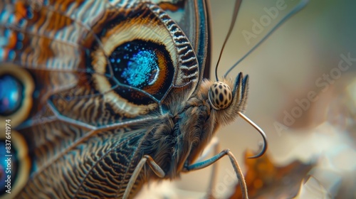  A tight shot of a butterfly's wing, crisply detailed, and a hazy depiction of its rear wing segment, along with a distinct blue eye