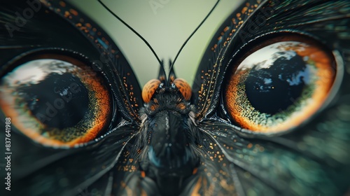  A close-up of a butterfly's eye, adorned with orange and black markings Nearby, a second butterfly's wing reflects a tree image (4 photo