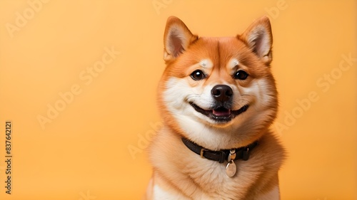 Happy smiling shiba inu dog isolated on yellow orange background with copy space. Red-haired Japanese dog smile portrait © Uzair