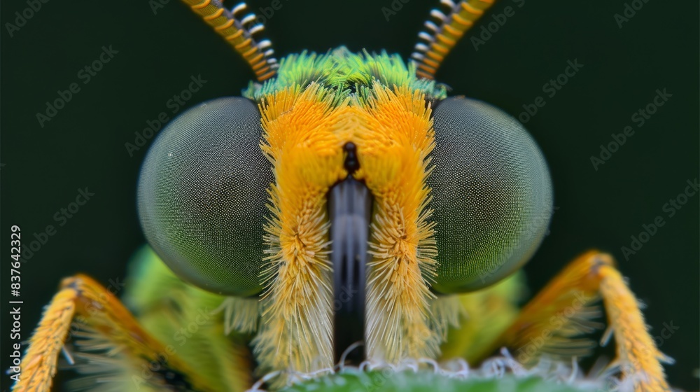 A tight shot of a green-yellow insect's face, with enlarged eyes Its ...