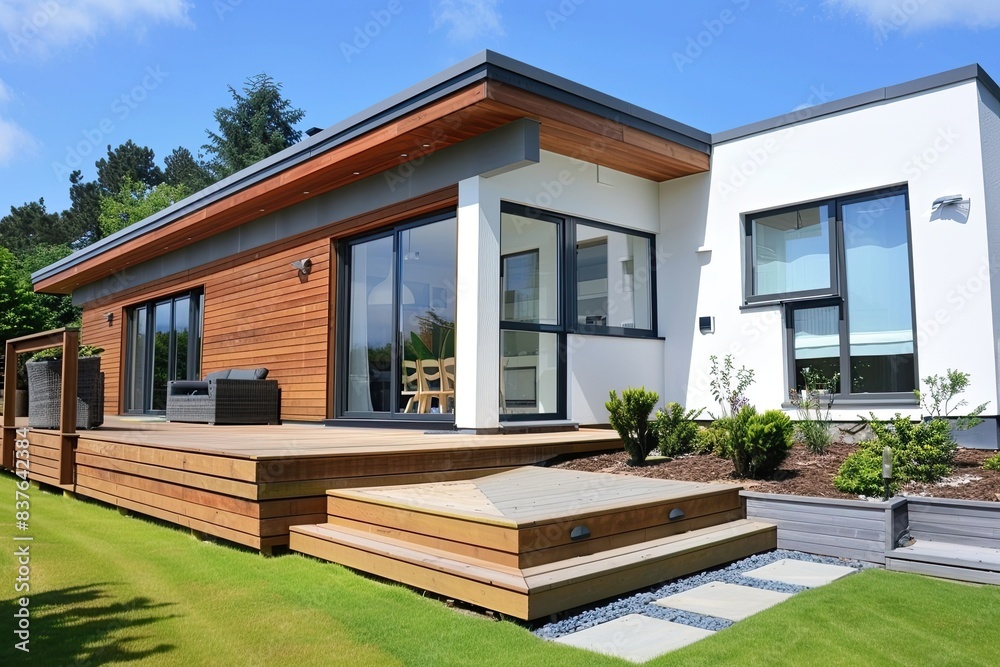 Modern Home with Wooden Terrace and Lush Garden on a Sunny Day, Minimalistic Living Room, Blue Sky Background Modern Home with Wooden Terrace and Lush Garden on a Sunny Day, Minimalistic Living Room, Blue Sky Background