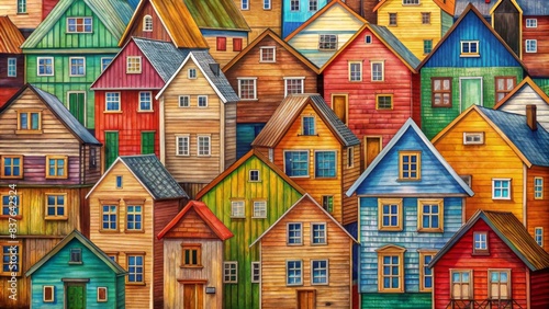 A colorful painting of many houses, houses made by wood, houses made in the same shape but different colors and sizes, houses with wooden windows