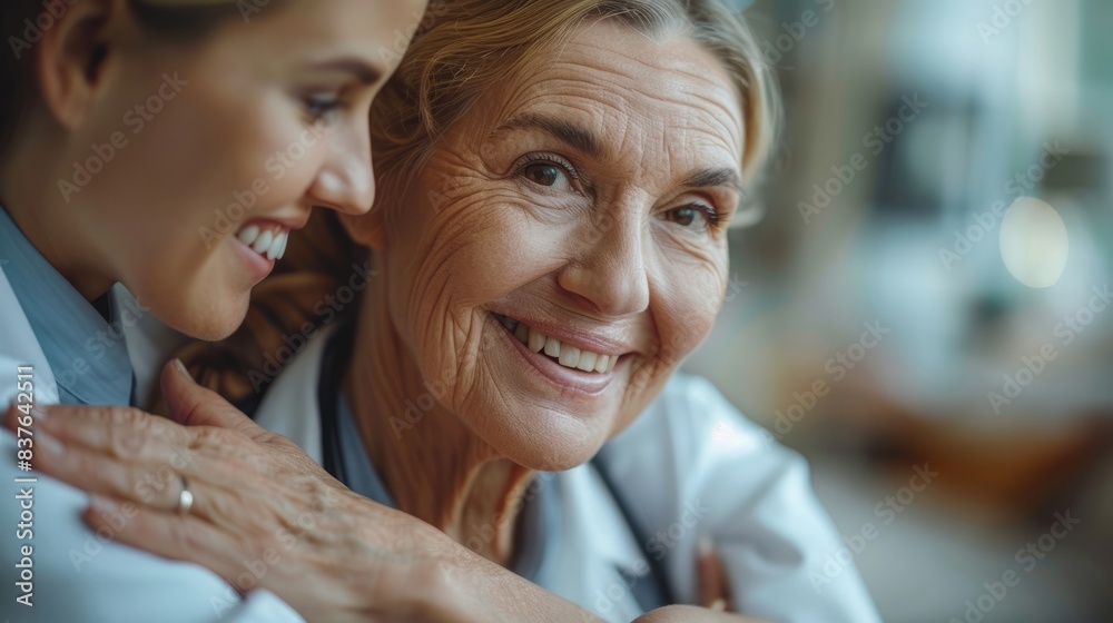 Senior doctor with a nurse smiling warmly, showcasing teamwork and compassion in healthcare setting. Senior doctor with a nurse smiling warmly, showcasing teamwork and compassion in healthcare setting.