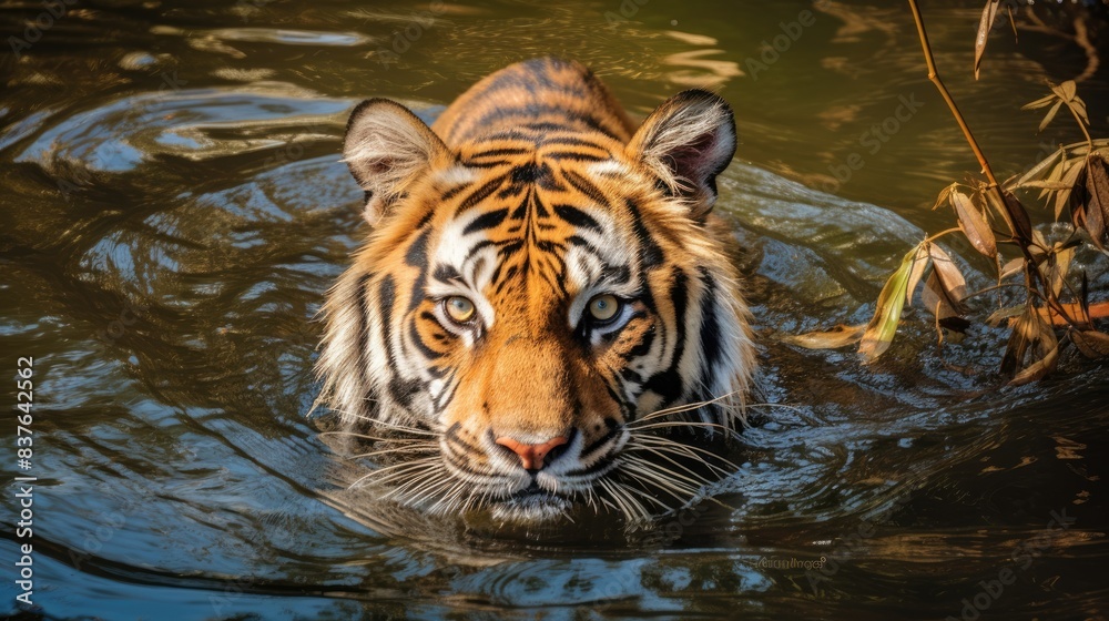 Naklejka premium Photograph of a graceful Malayan tiger swimming through a crystal-clear stream, its stripes blending with the dappled sunlight.