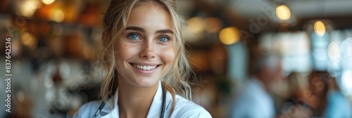 Smiling barista in coffee shop with a welcoming atmosphere, warm lighting and blurred background. Perfect for hospitality scenes.