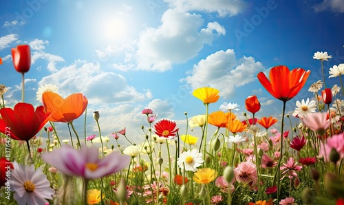 Colorful Wildflowers Blooming in Spring Meadow field Daisy, Poppy, Tulip, Blossoms under Blue Sky and Sun Rays on a Sunny Summer Day