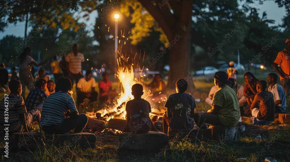 A community gathering around a bonfire, sharing stories and celebrating freedom on Juneteenth night. A community gathering around a bonfire, sharing stories and celebrating freedom on Juneteenth night.