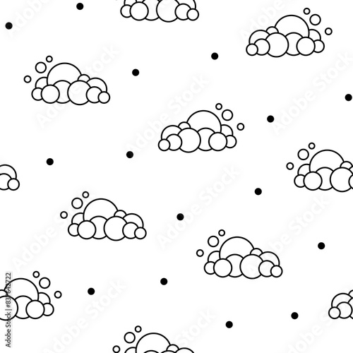 Soap foam set with bubbles. Seamless pattern. Coloring Page. Suds of bath, shampoo, shaving, mousse. Cloudy frame and corner. Hand drawn style. Vector drawing. Design ornaments.