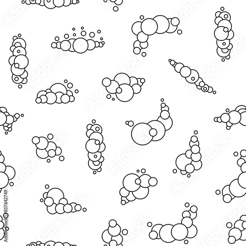 Soap foam set with bubbles. Seamless pattern. Coloring Page. Suds of bath, shampoo, shaving, mousse. Cloudy frame and corner. Hand drawn style. Vector drawing. Design ornaments.