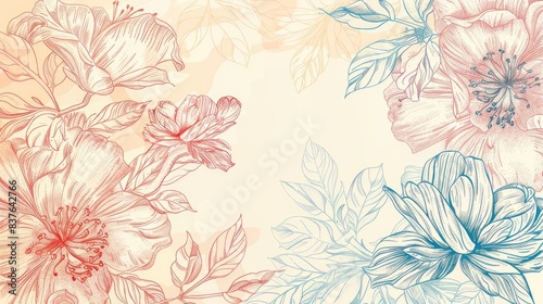 Blue and red peony flowers on beige background.