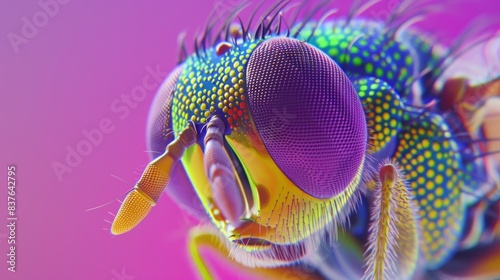  A detailed image of a fly with its head against a pink-purple background The fly sports a blue-yellow stripe atop its head, while a green-yellow stri photo