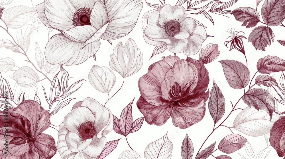 The image is a floral pattern with pink and white flowers and grey leaves on a white background. The image is a floral pattern with pink and white flowers and grey leaves on a white background.