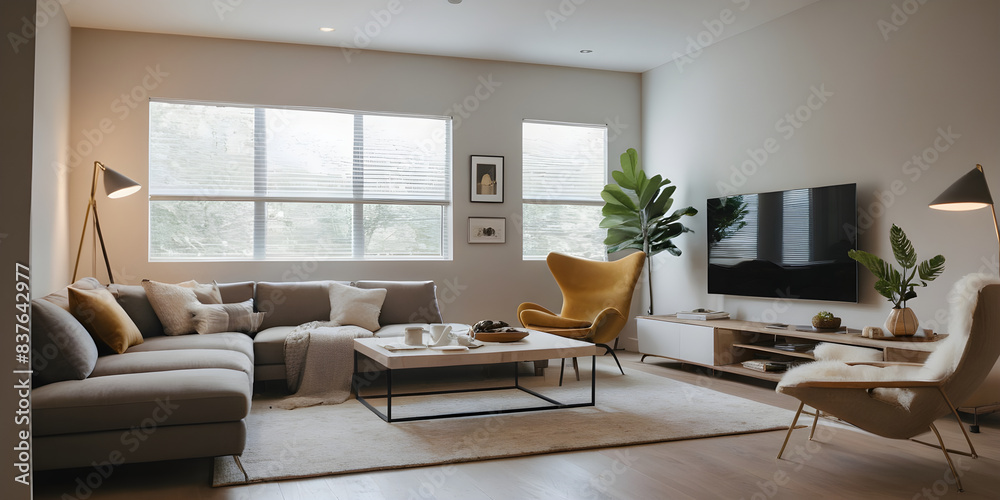 Cozy and chic living room with a comfortable sofa, stylish accent chair, and decorative plants creating a welcoming atmosphere Cozy and chic living room with a comfortable sofa, stylish accent chair, and decorative plants creating a welcoming atmosphere